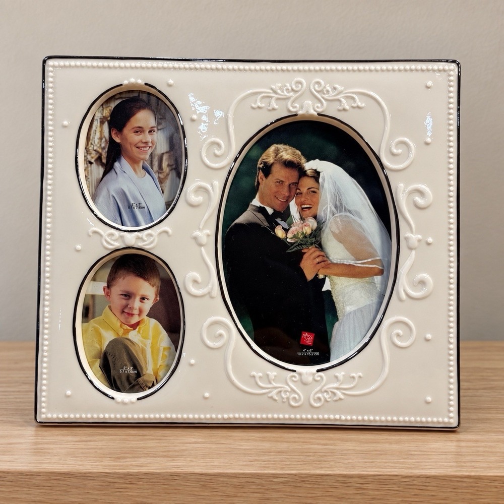 Russ White Lace & Promises Photo Frame 3 Opening Wedding Family White Ceramic